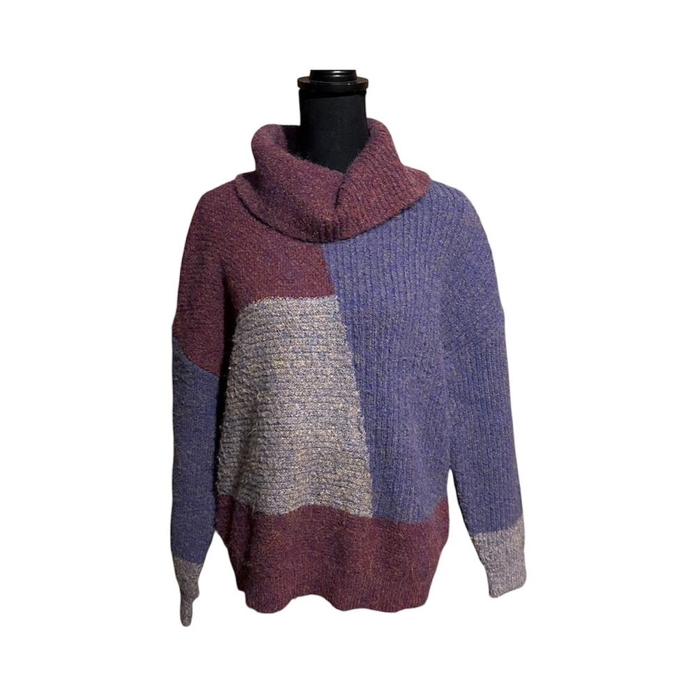 Leo & Nicole Color Block Purple Turtleneck Cozy Sweater Women's Petite Large